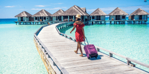 lady with travel insurance on holiday at a tropical island
