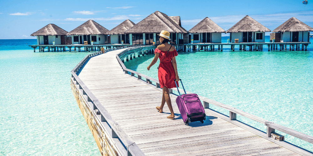 lady with travel insurance on holiday at a tropical island